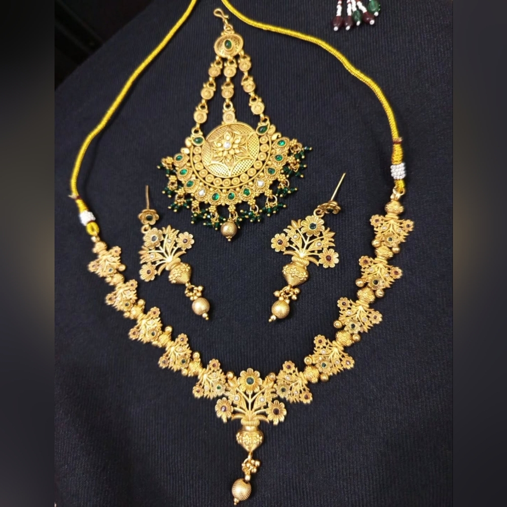 Intricate Red & Green Stones Rajwari Floral Jewelry Set